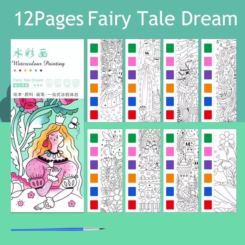 12Pages Coloring Books Portable Watercolor Painting Book Graffiti Picture Books Painting Drawing Toys for Children Gift