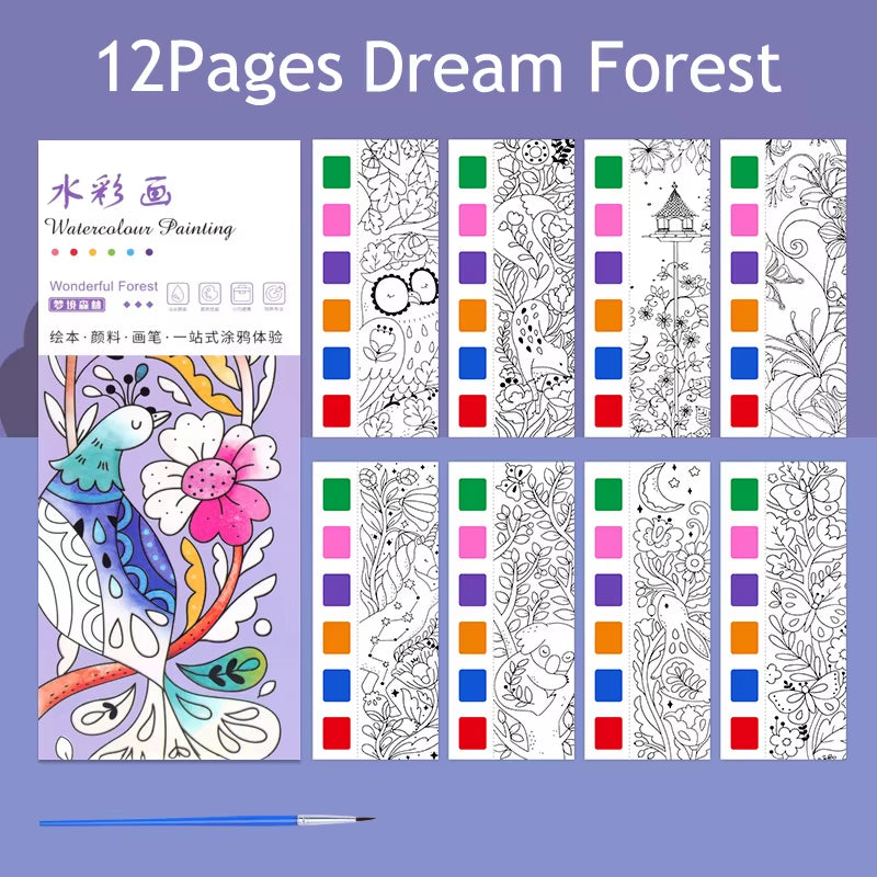 12Pages Coloring Books Portable Watercolor Painting Book Graffiti Picture Books Painting Drawing Toys for Children Gift