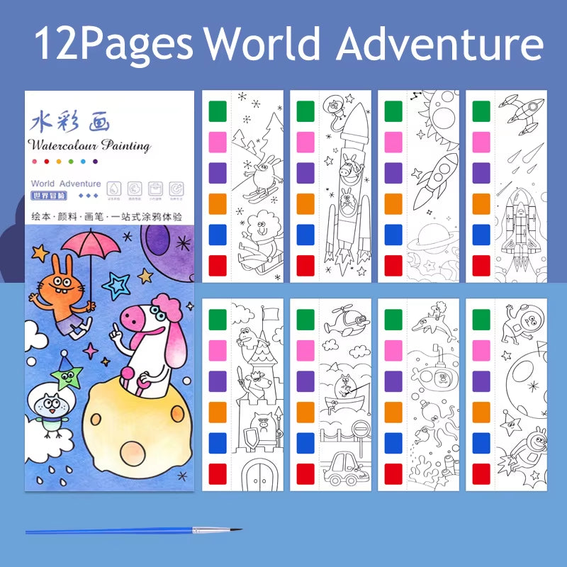 12Pages Coloring Books Portable Watercolor Painting Book Graffiti Picture Books Painting Drawing Toys for Children Gift