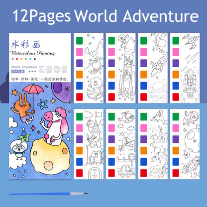 12Pages Coloring Books Portable Watercolor Painting Book Graffiti Picture Books Painting Drawing Toys for Children Gift