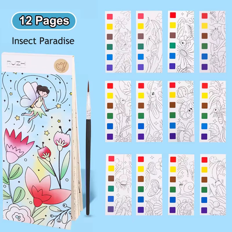 12Pages Coloring Books Portable Watercolor Painting Book Graffiti Picture Books Painting Drawing Toys for Children Gift