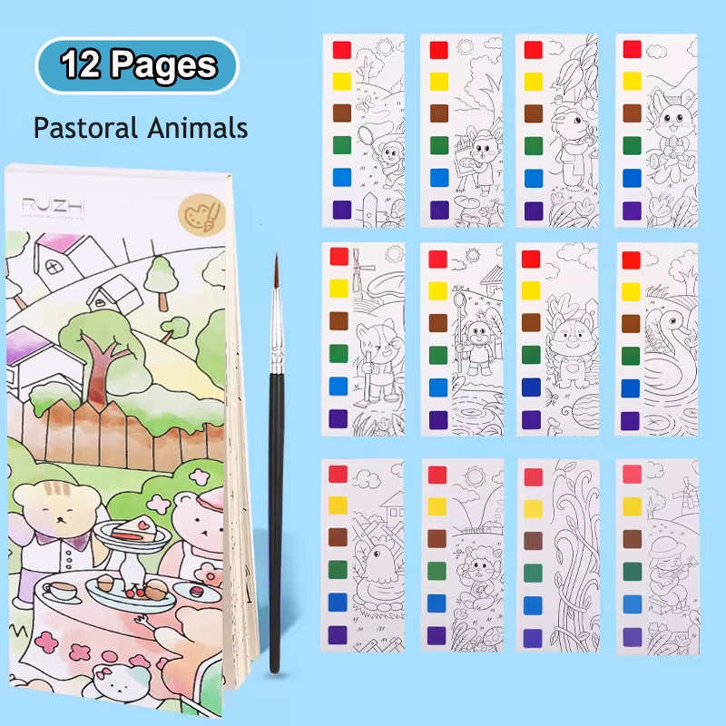 12Pages Coloring Books Portable Watercolor Painting Book Graffiti Picture Books Painting Drawing Toys for Children Gift