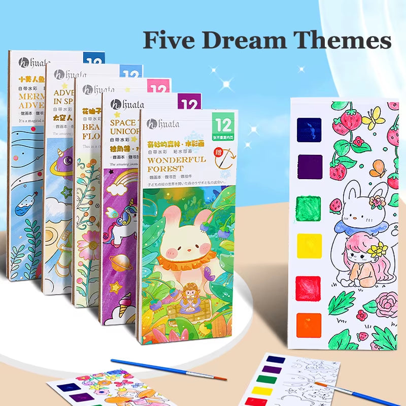 12Pages Coloring Books Portable Watercolor Painting Book Graffiti Picture Books Painting Drawing Toys for Children Gift