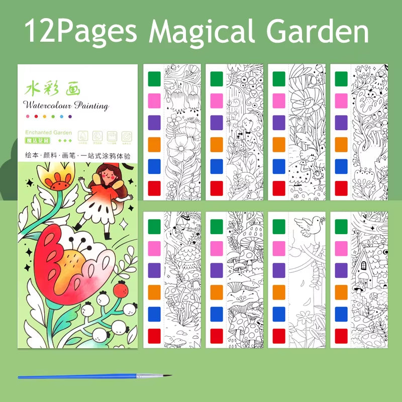 12Pages Coloring Books Portable Watercolor Painting Book Graffiti Picture Books Painting Drawing Toys for Children Gift