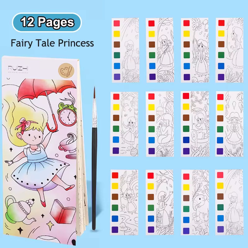 12Pages Coloring Books Portable Watercolor Painting Book Graffiti Picture Books Painting Drawing Toys for Children Gift