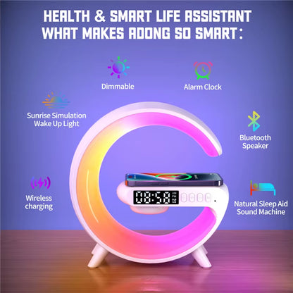 Wireless Charger Pad Stand Speaker TF Card RGB Night Light Lamp Alarm Clock Fast Charging Station Dock for Iphone Samsung Xiaomi