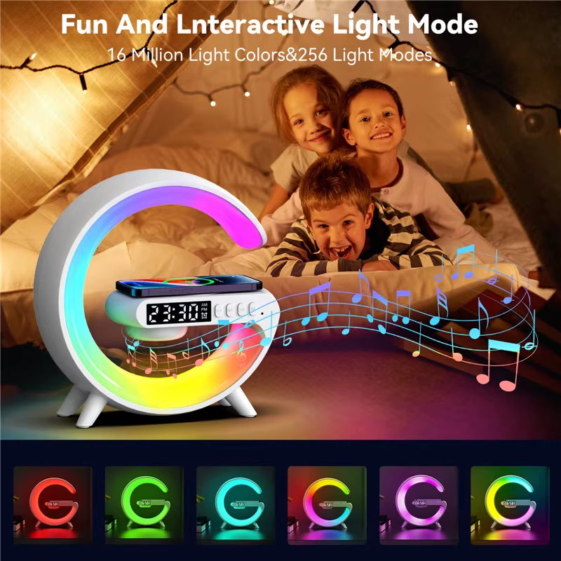 Wireless Charger Pad Stand Speaker TF Card RGB Night Light Lamp Alarm Clock Fast Charging Station Dock for Iphone Samsung Xiaomi