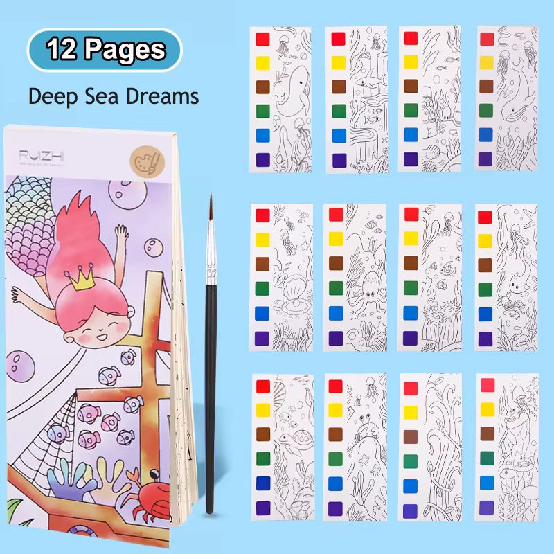 12Pages Coloring Books Portable Watercolor Painting Book Graffiti Picture Books Painting Drawing Toys for Children Gift